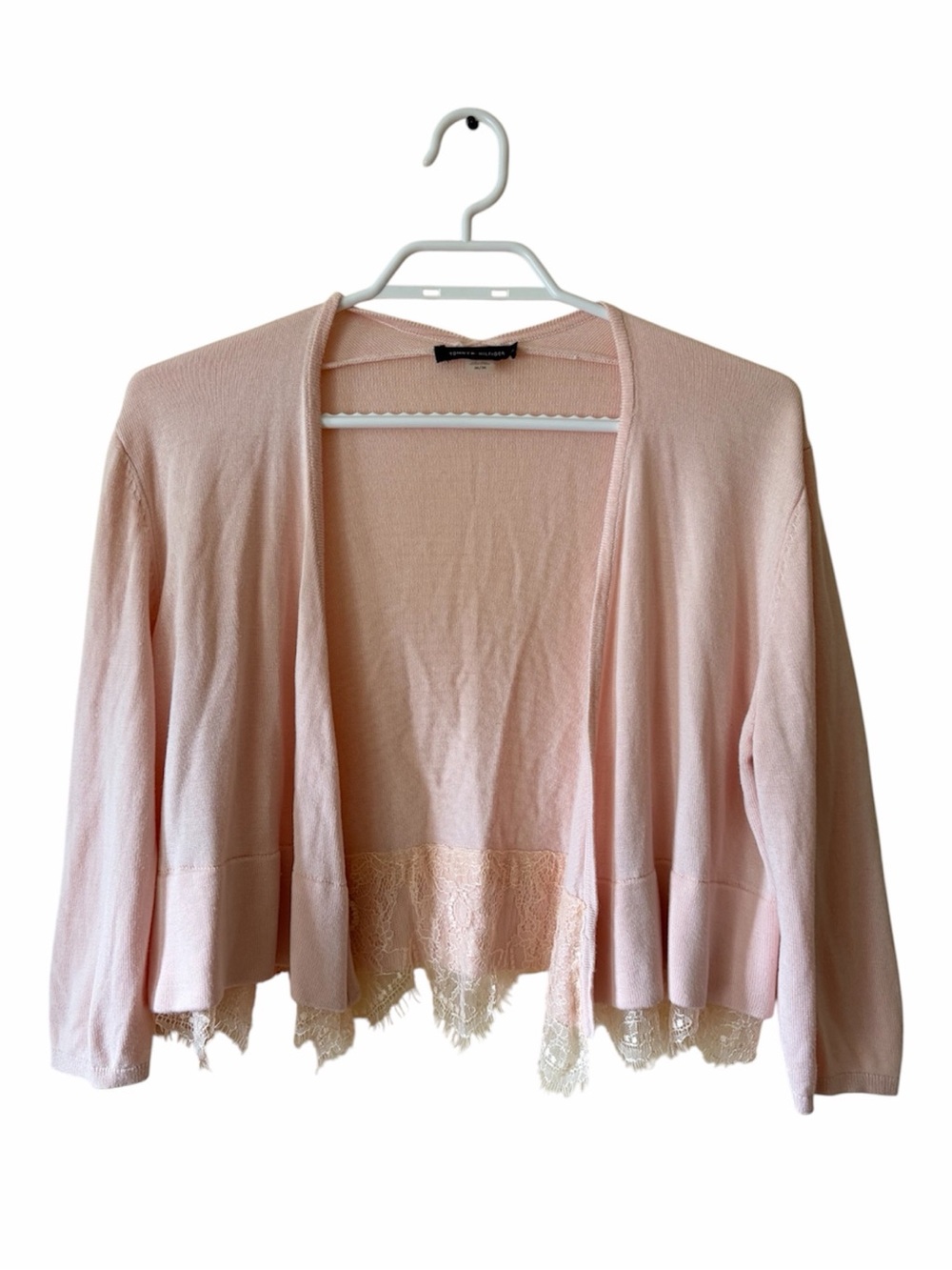 Tommy Hilfiger Cropped Cardigan Pink 3/4 Sleeve Lace Trim Open Preppy Sweater